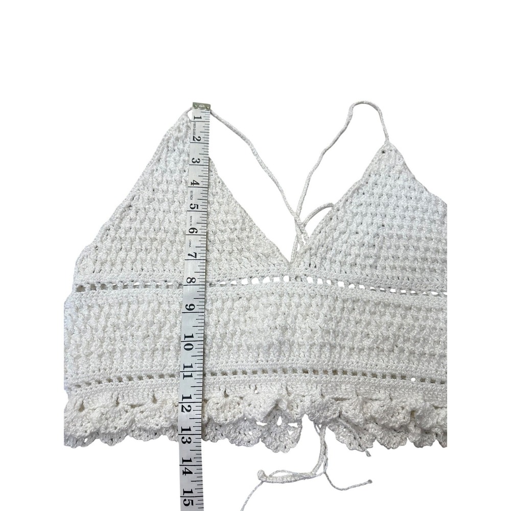 Handmade Crochet Iridescent White Crop Triangle Top L Festival Cottage Boho Knit - Picture 7 of 9